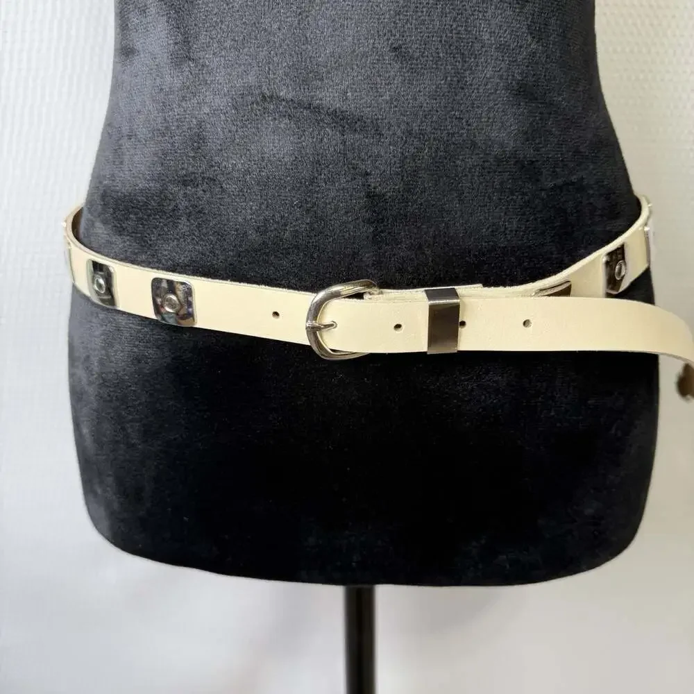 Vintage Forenza Genuine Leather Cream Studded Belt Silver Hardware Size L Rocker
